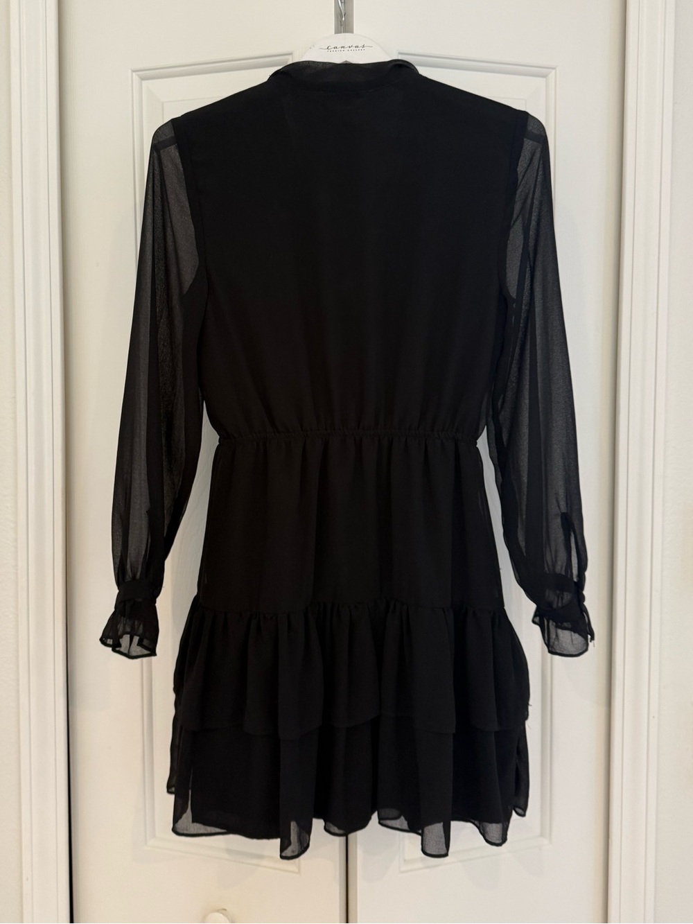 BB Dakota Black Sheer Long-Sleeve Tiered Tie-Neck Dress - Picture 3 of 3